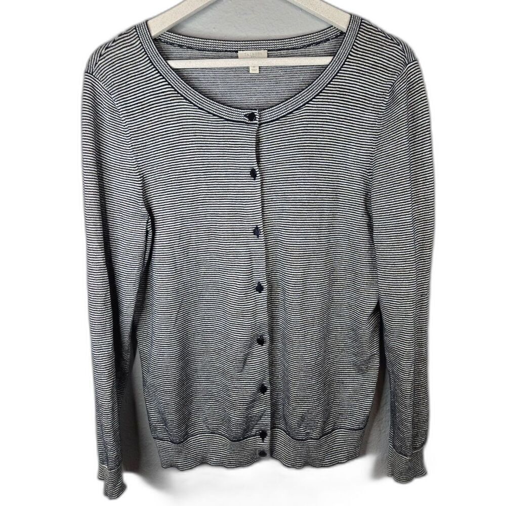 Talbots Women's Navy and Gray Metallic Striped Button Cardigan Size Medium
